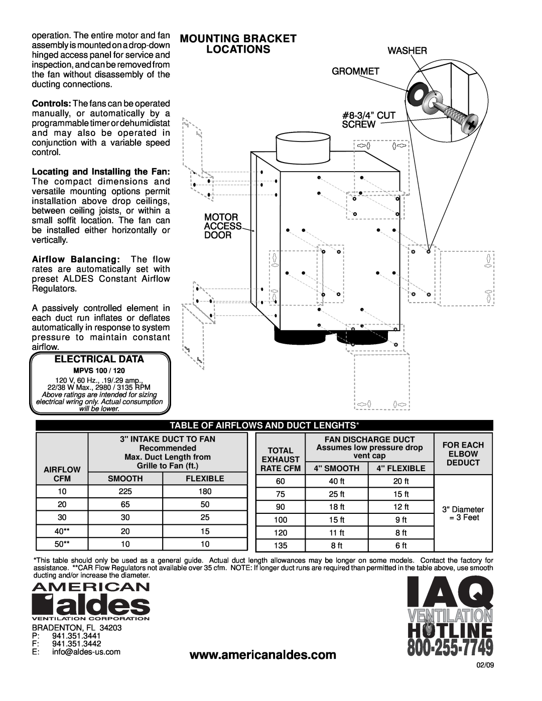 American Aldes RDF 8-8IP Mounting Bracket Locations, Electrical Data, Table Of Airflows And Duct Lenghts 