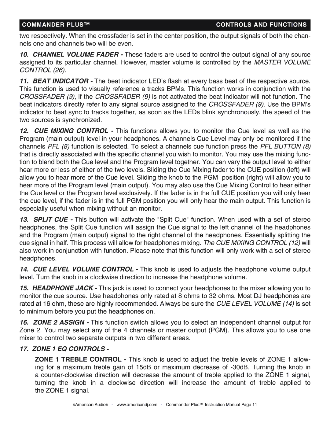 American Audio CommanderPlus manual Zone 1 EQ Controls 