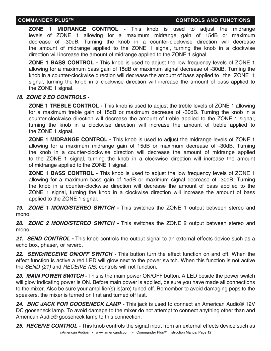 American Audio CommanderPlus manual Zone Midrange Control, Zone 2 EQ Controls 