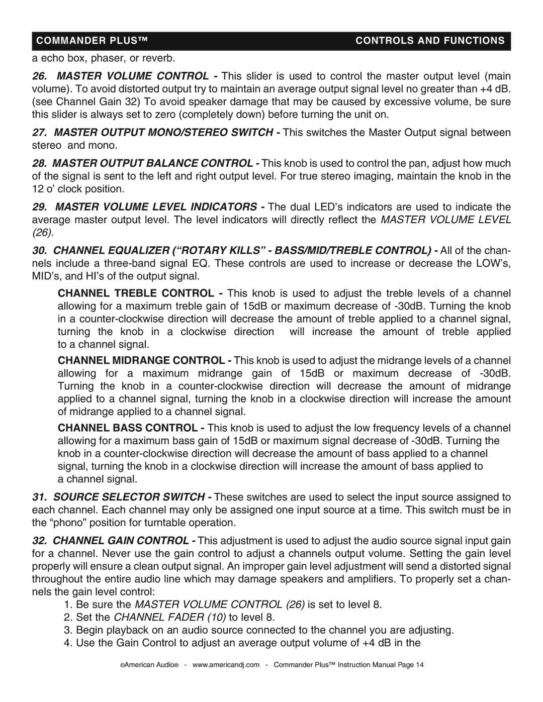 American Audio CommanderPlus manual Commander Plus Controls and Functions 