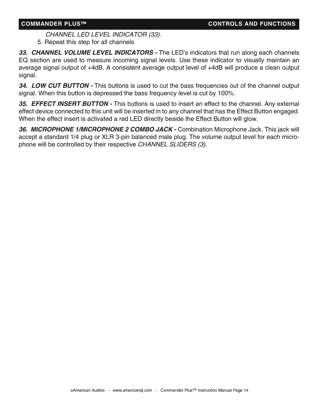 American Audio CommanderPlus manual Channel LED Level Indicator 
