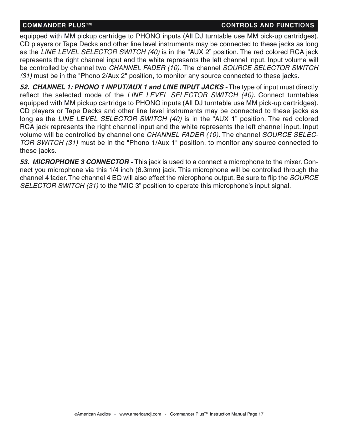 American Audio CommanderPlus manual Commander Plus Controls and Functions 
