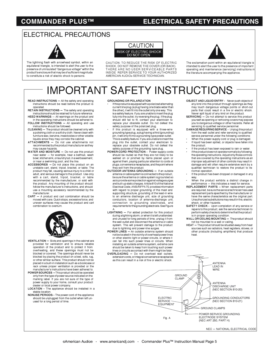 American Audio CommanderPlus manual Important Safety Instructions 