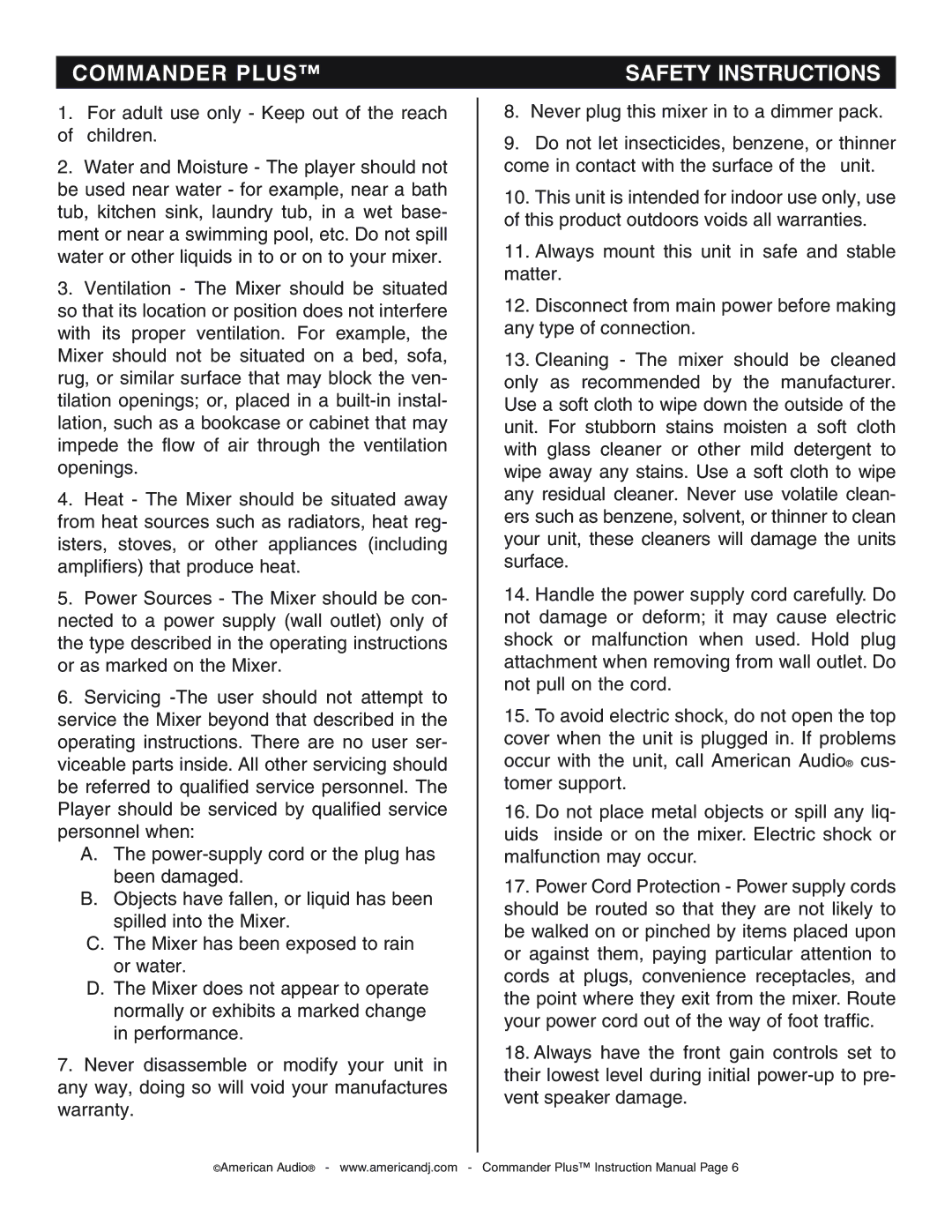 American Audio CommanderPlus manual Safety Instructions 