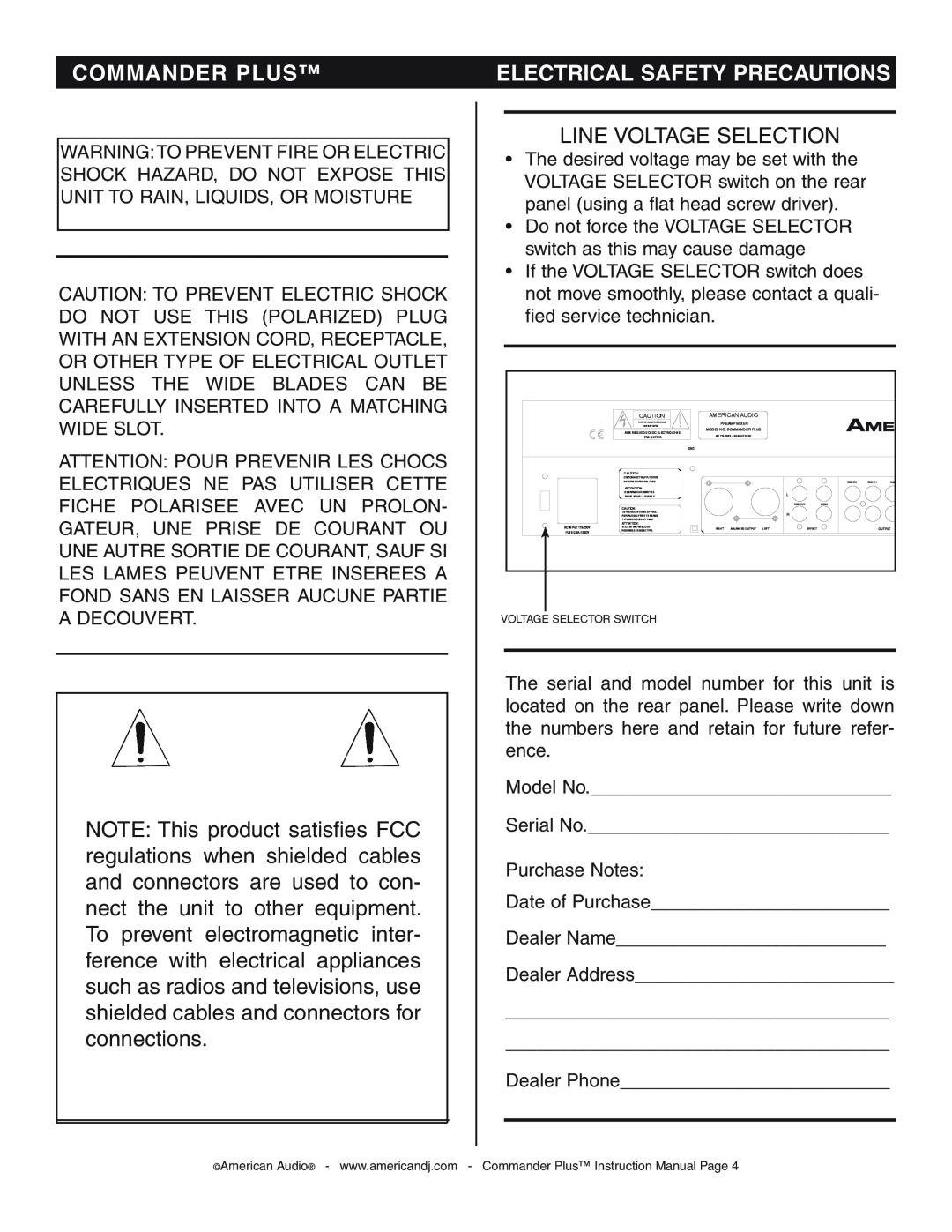 American Audio CommanderPlus manual Electrical Safety Precautions, Line Voltage Selection, Commander Plus 
