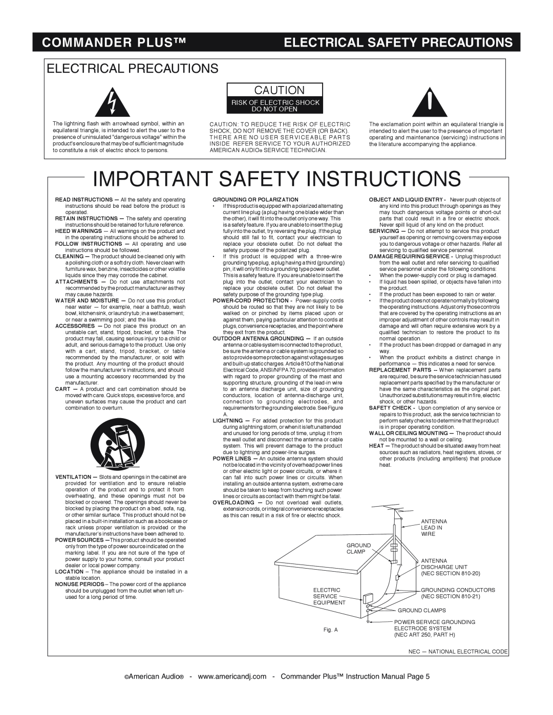American Audio CommanderPlus manual Electrical Precautions, Important Safety Instructions, Commander Plus 