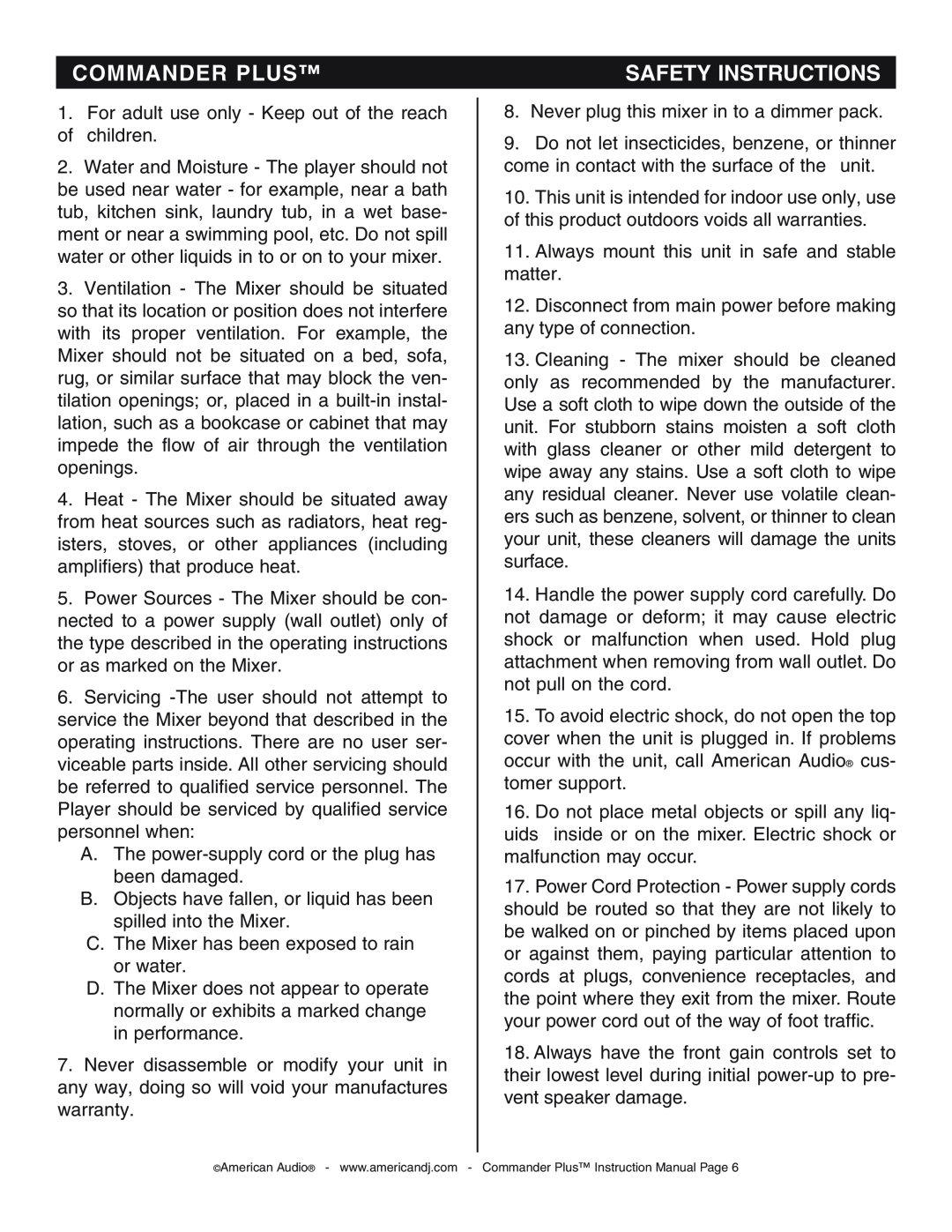 American Audio CommanderPlus manual Safety Instructions, Commander Plus 