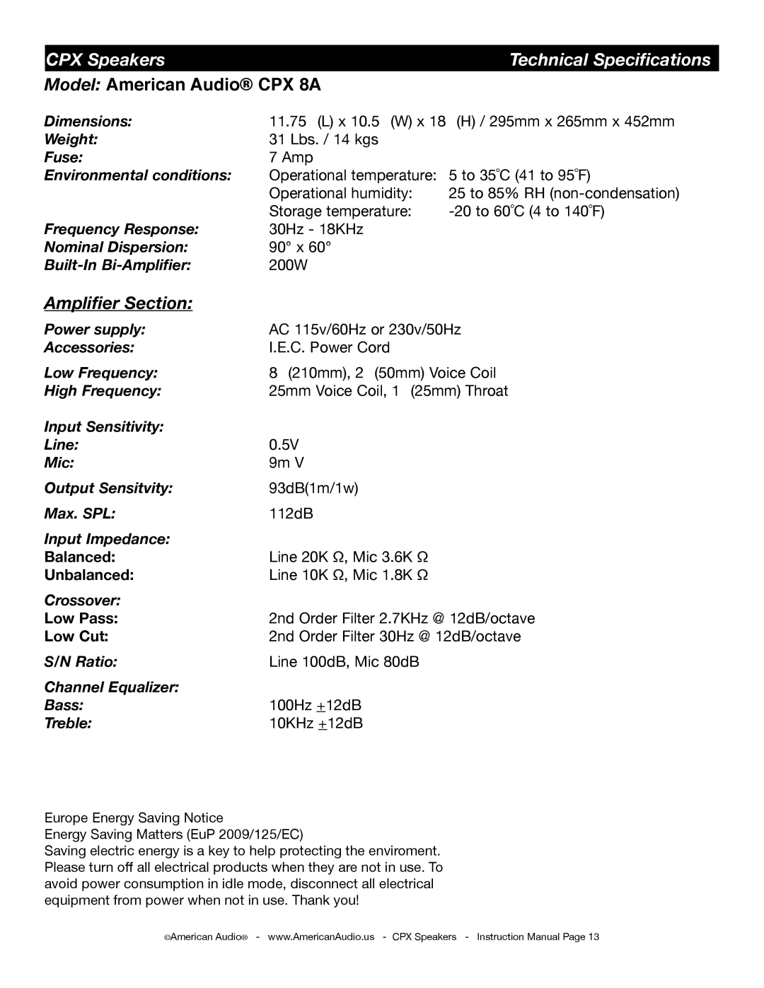 American Audio CPX 10A, CPX 15A, CPX 12A manual Model American Audio CPX 8A, Technical Specifications 