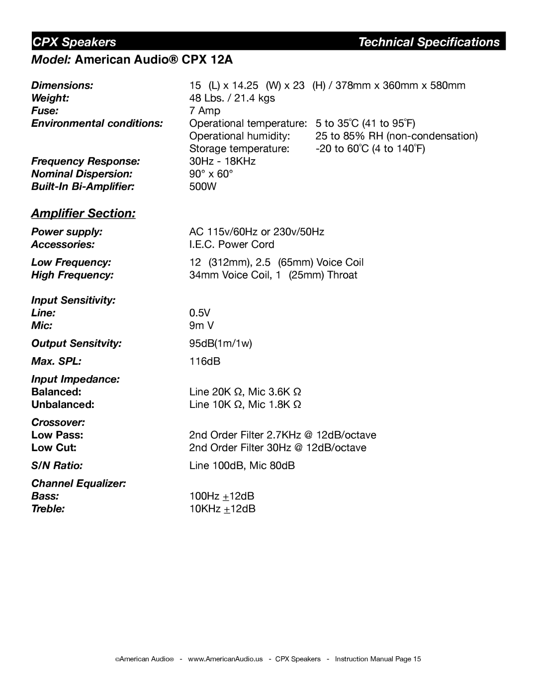 American Audio CPX 15A, CPX 10A, CPX 8A manual Model American Audio CPX 12A 