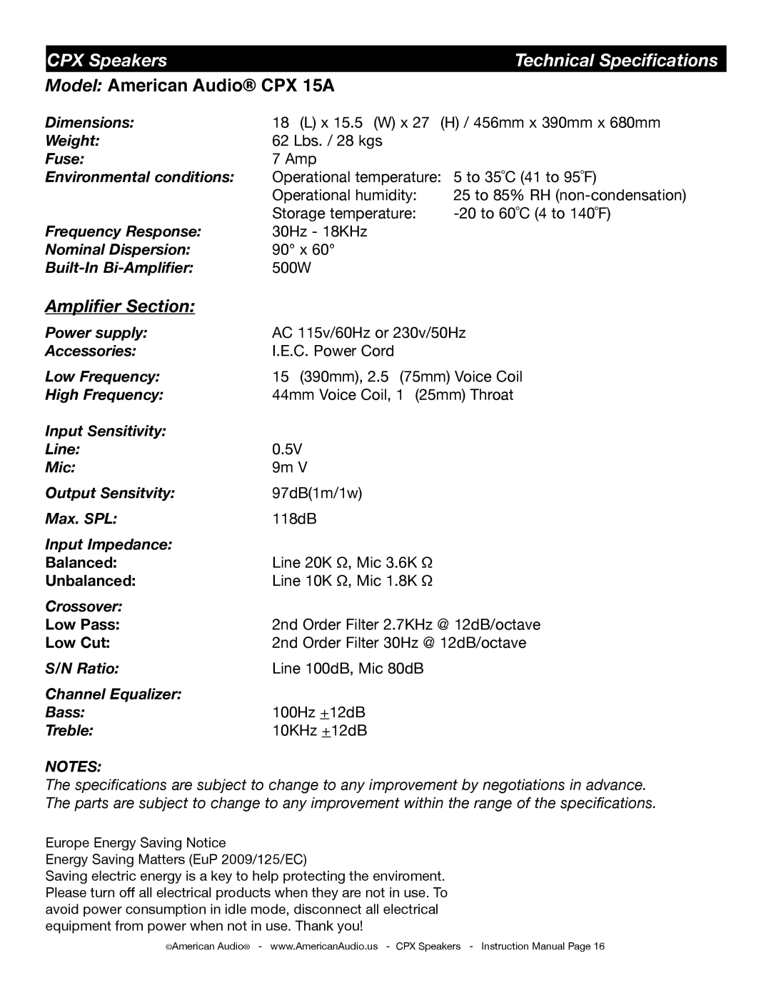 American Audio CPX 10A, CPX 8A, CPX 12A manual Model American Audio CPX 15A 