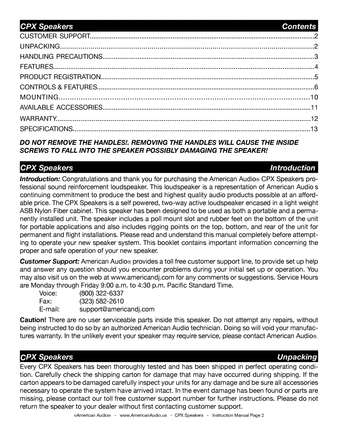 American Audio CPX 8A, CPX 15A, CPX 10A, CPX 12A manual Contents, Introduction, Unpacking 