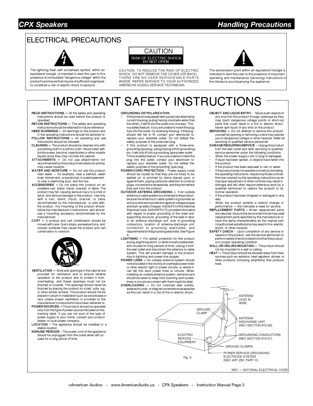 American Audio CPX 12A, CPX 15A, CPX 10A, CPX 8A manual Electrical Precautions, Handling Precautions 