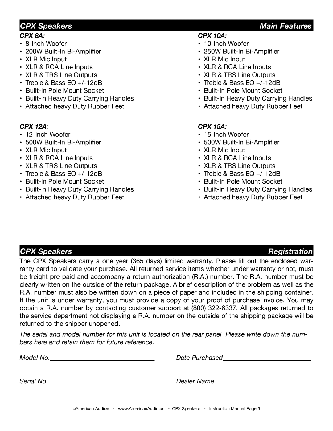 American Audio CPX 10A, CPX 15A, CPX 8A, CPX 12A manual Main Features, Registration 