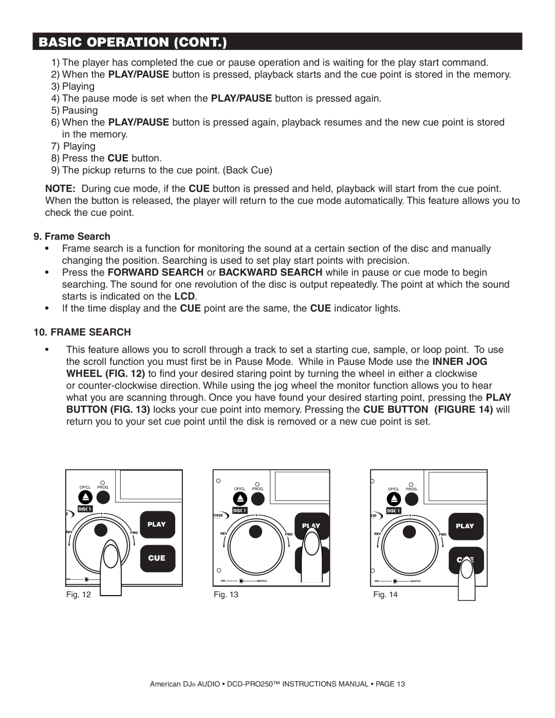 American Audio DCD PRO 250 manual Frame Search 