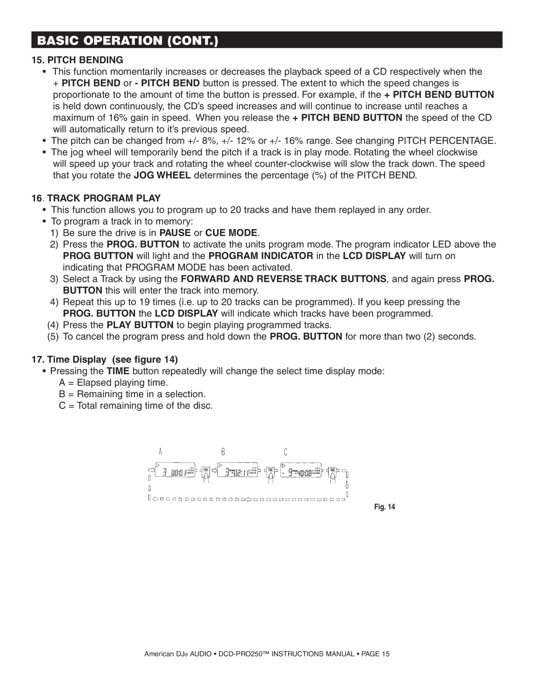 American Audio DCD PRO 250 manual Pitch Bending, Track Program Play, Time Display see figure 