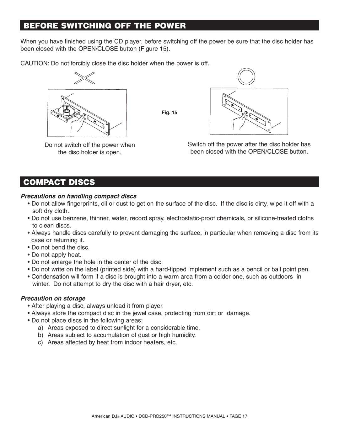 American Audio DCD PRO 250 manual Before Switching OFF the Power, Compact Discs 