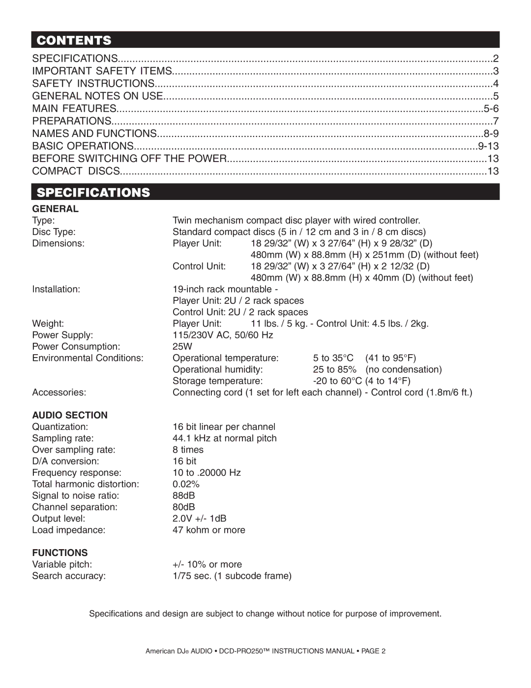 American Audio DCD PRO 250 manual Contents, Specifications 