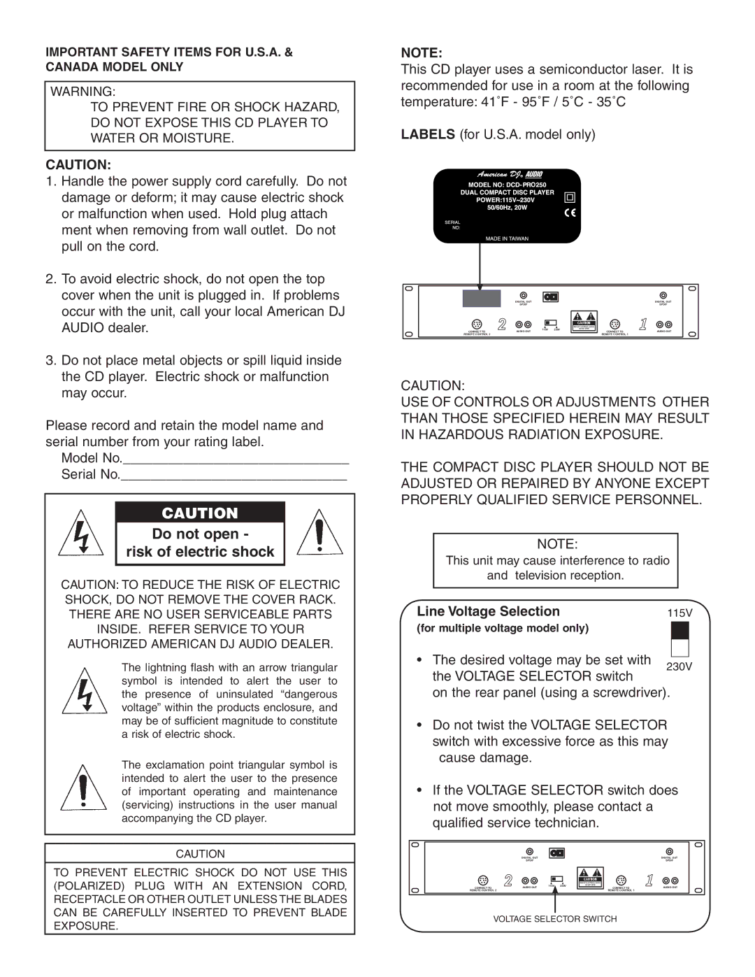 American Audio DCD PRO 250 manual Do not open Risk of electric shock, Line Voltage Selection 