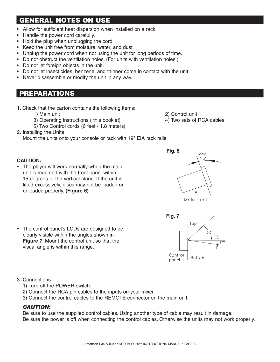 American Audio DCD PRO 250 manual General Notes on USE, Preparations 