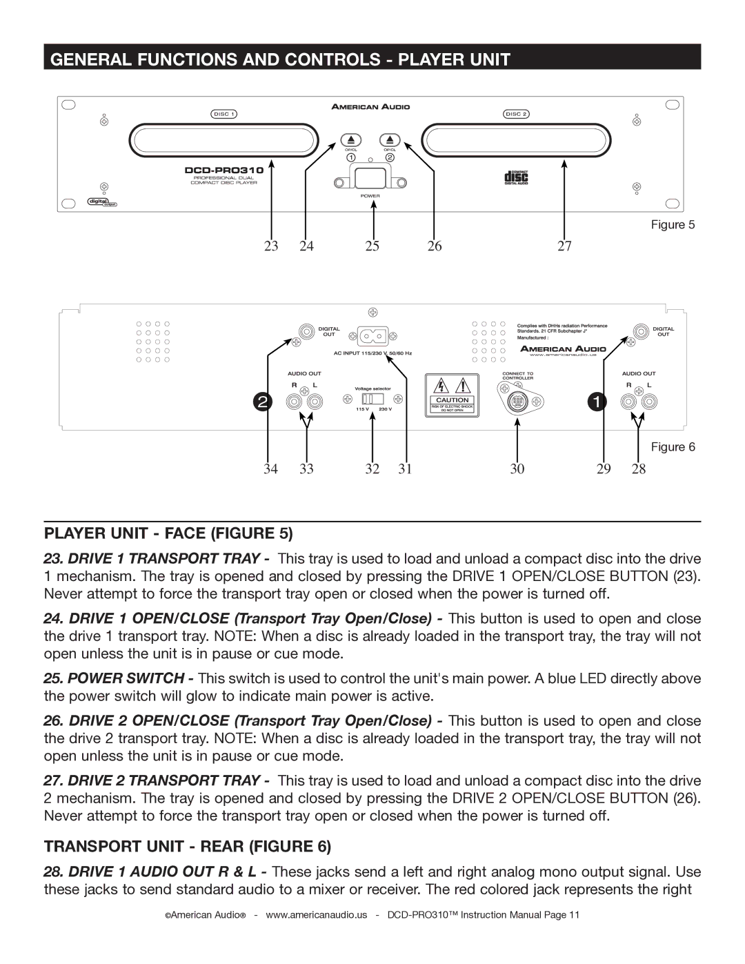 American Audio DCD-PRO310 operating instructions General Functions and Controls Player Unit, Player Unit Face Figure 