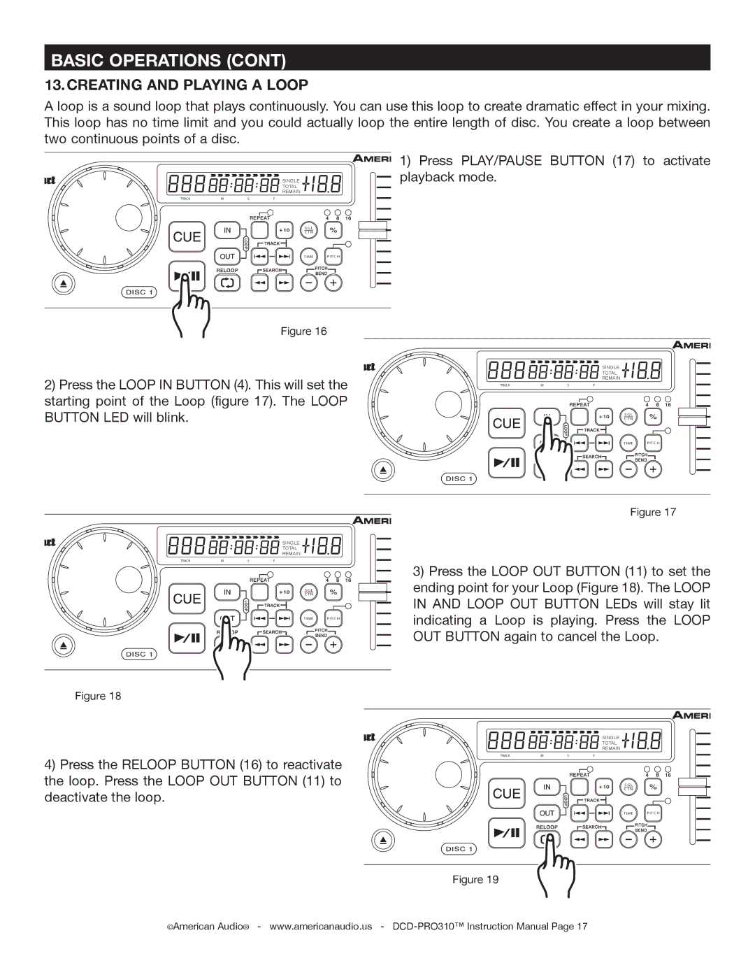 American Audio DCD-PRO310 operating instructions Creating and Playing a Loop 