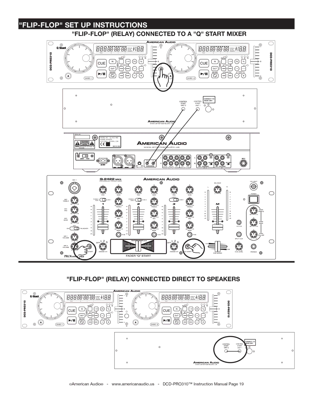 American Audio DCD-PRO310 FLIP-FLOP SET UP Instructions, FLIP-FLOP Relay Connected to a Q Start Mixer 