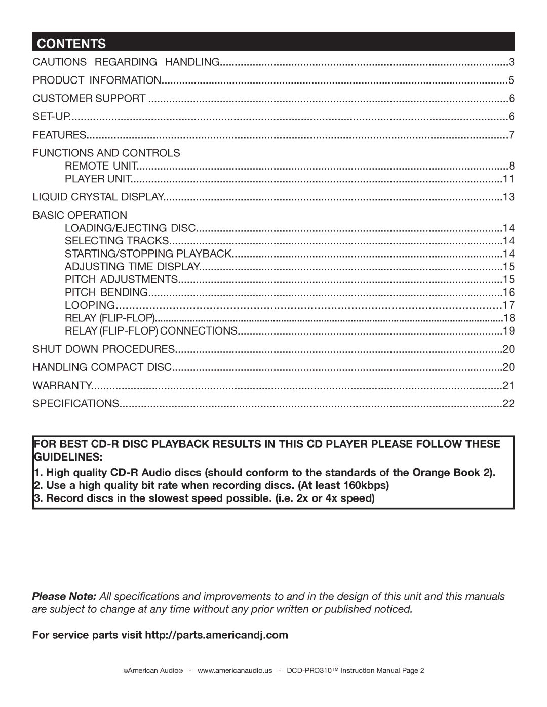 American Audio DCD-PRO310 operating instructions Contents 