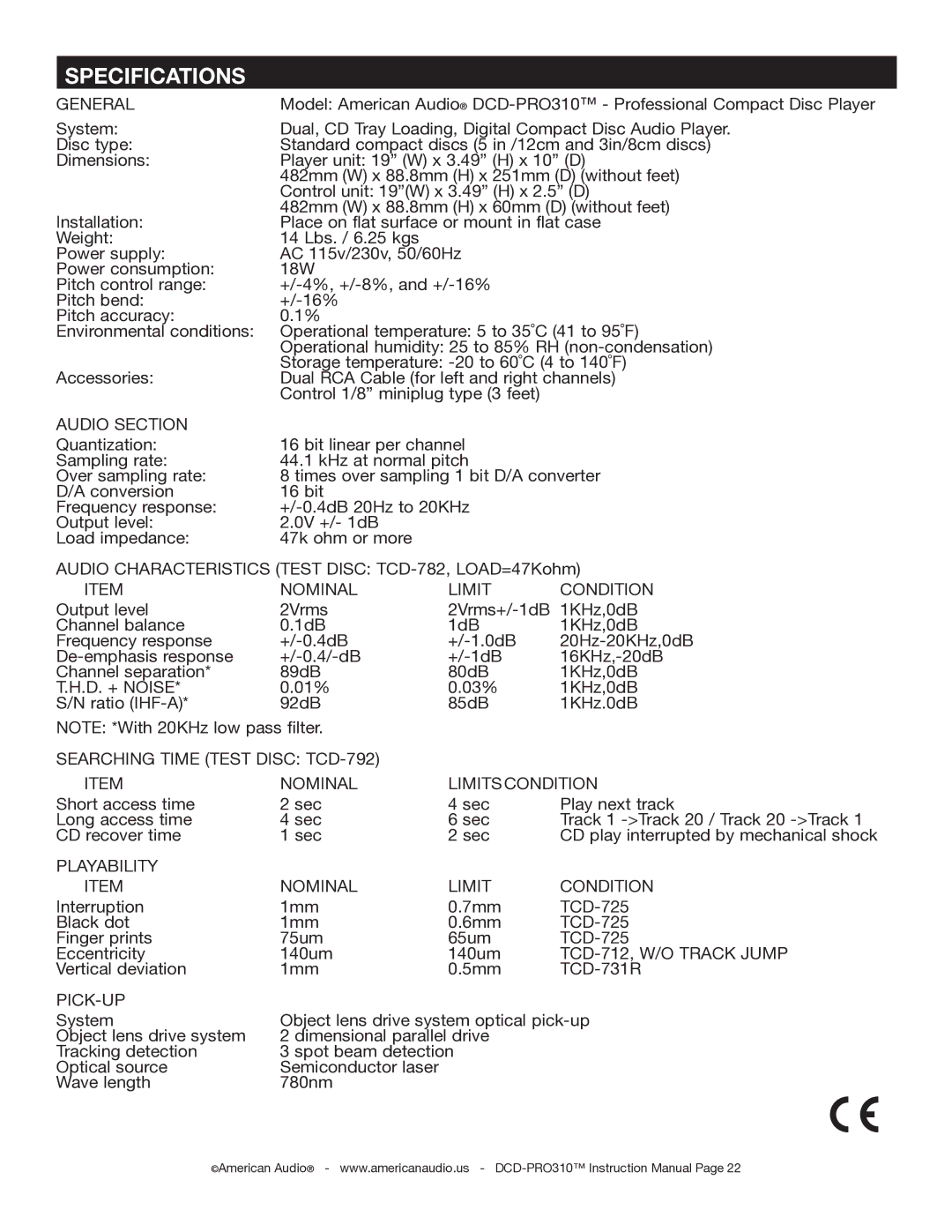 American Audio DCD-PRO310 operating instructions Specifications, General 