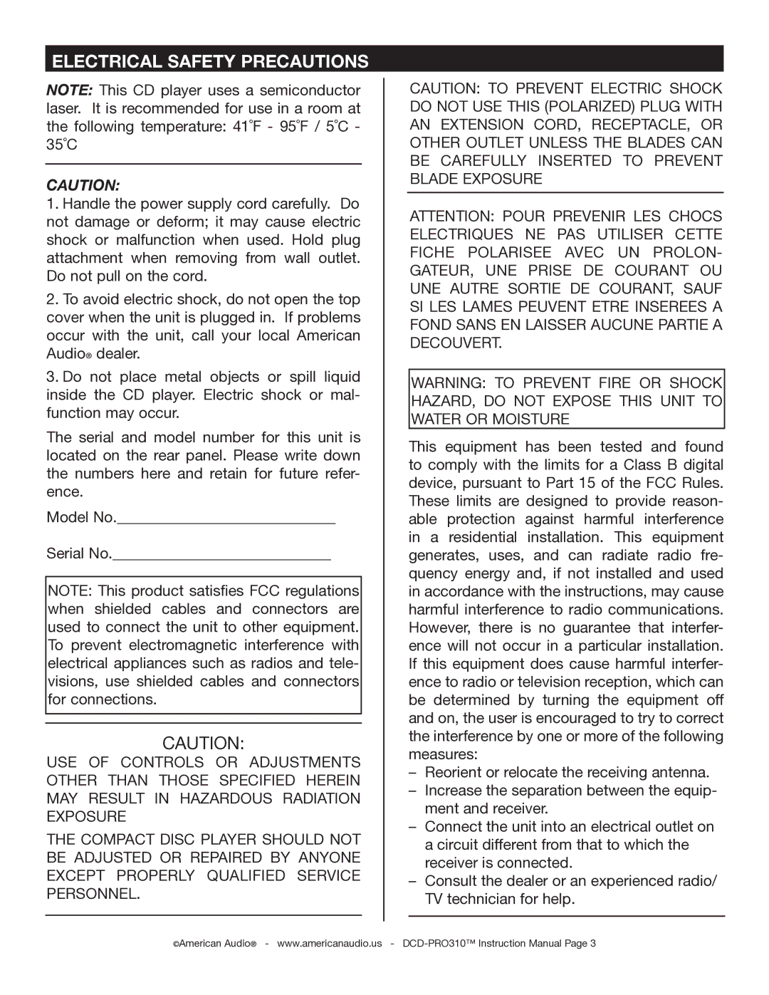 American Audio DCD-PRO310 operating instructions Electrical Safety Precautions 