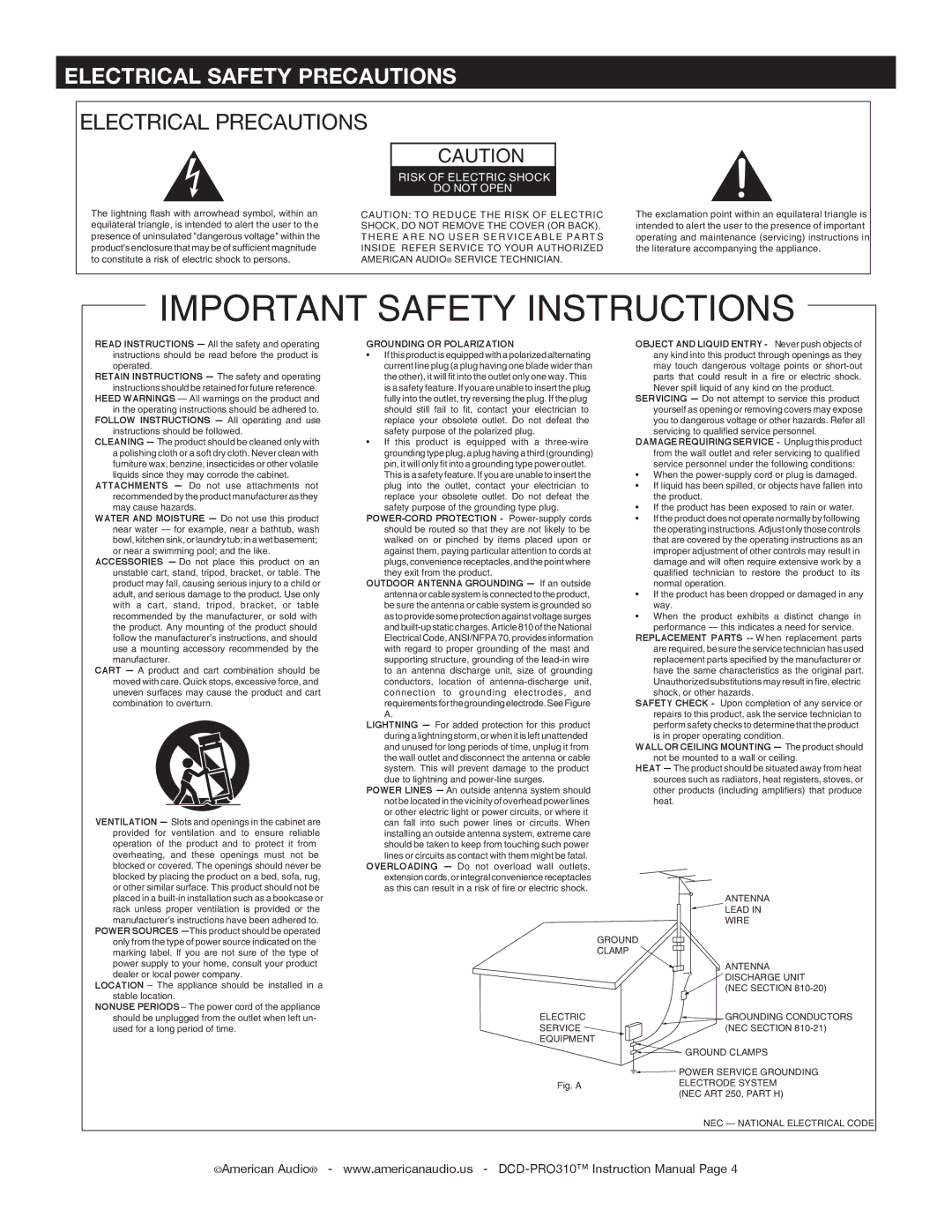 American Audio DCD-PRO310 operating instructions Important Safety Instructions 