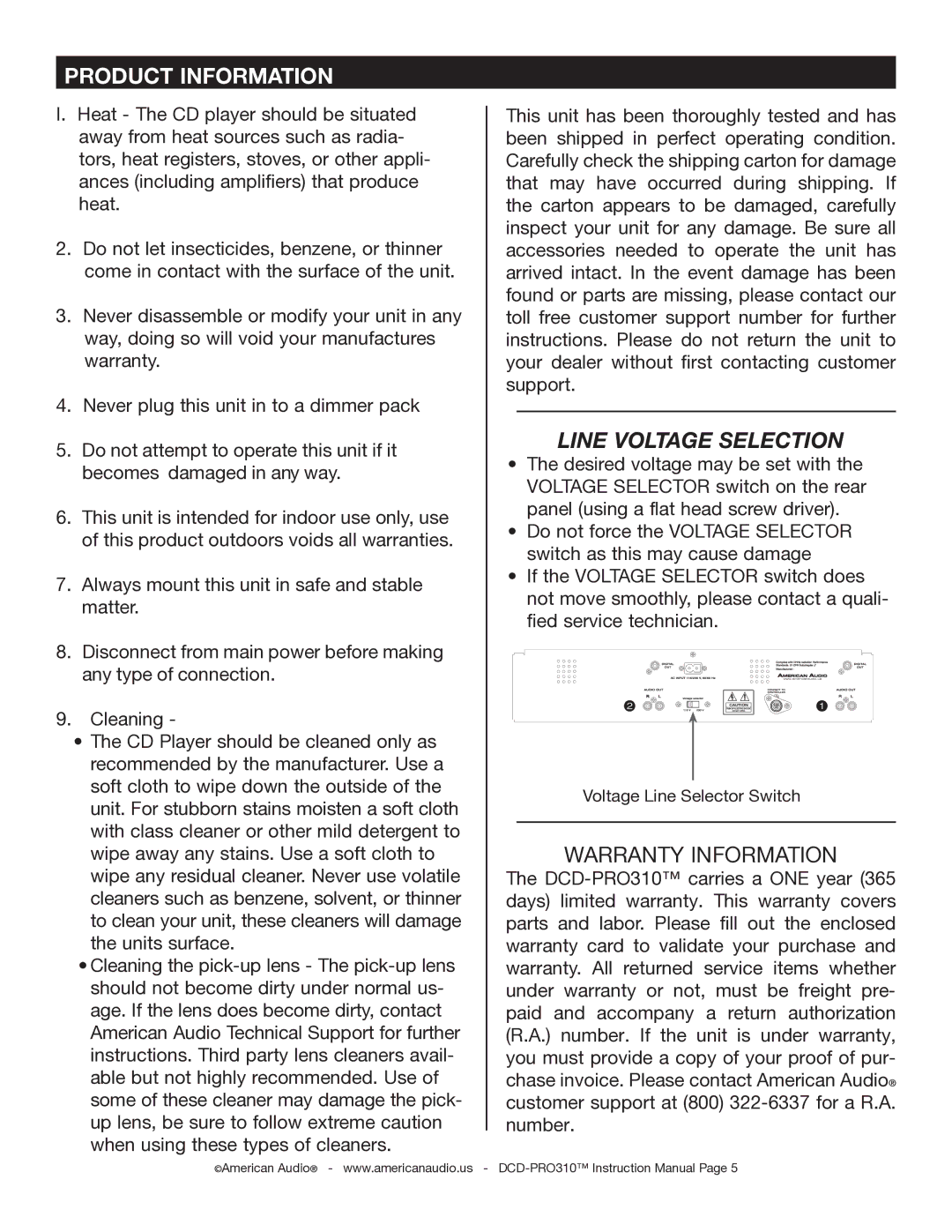 American Audio DCD-PRO310 operating instructions Product Information, Line Voltage Selection 