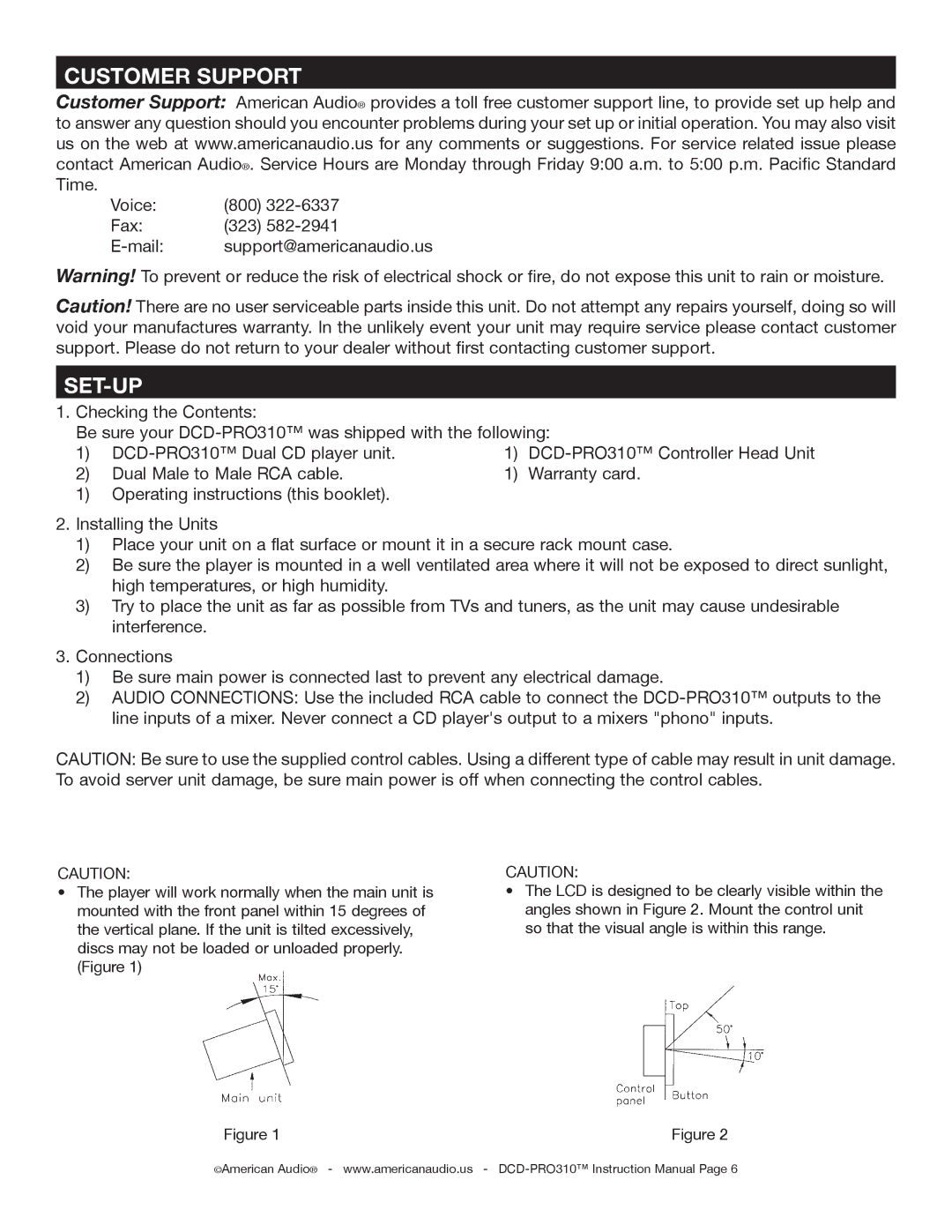 American Audio DCD-PRO310 operating instructions Customer Support, Set-Up 