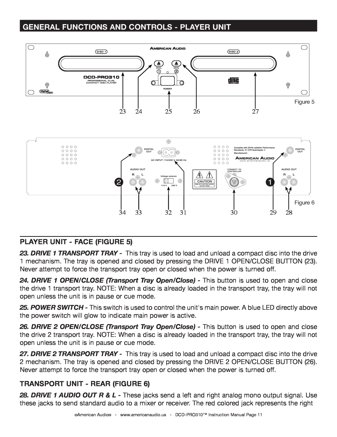American Audio DCD-PRO310 operating instructions General Functions And Controls - Player Unit, Player Unit - Face Figure 