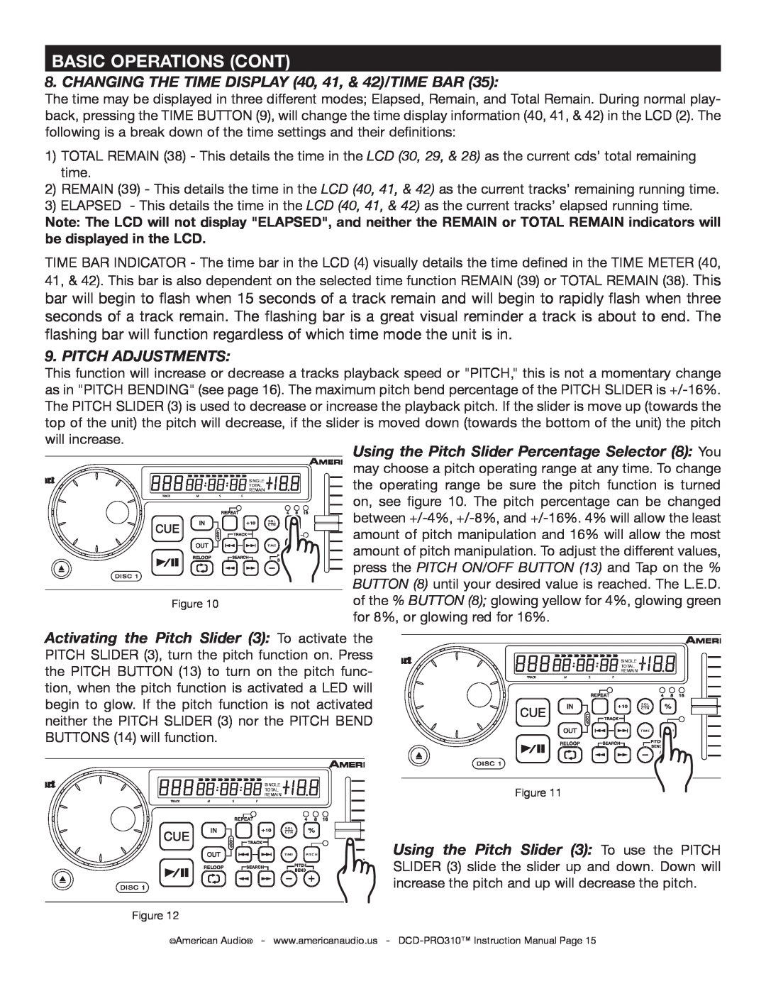 American Audio DCD-PRO310 operating instructions Basic Operations Cont, Pitch Adjustments 