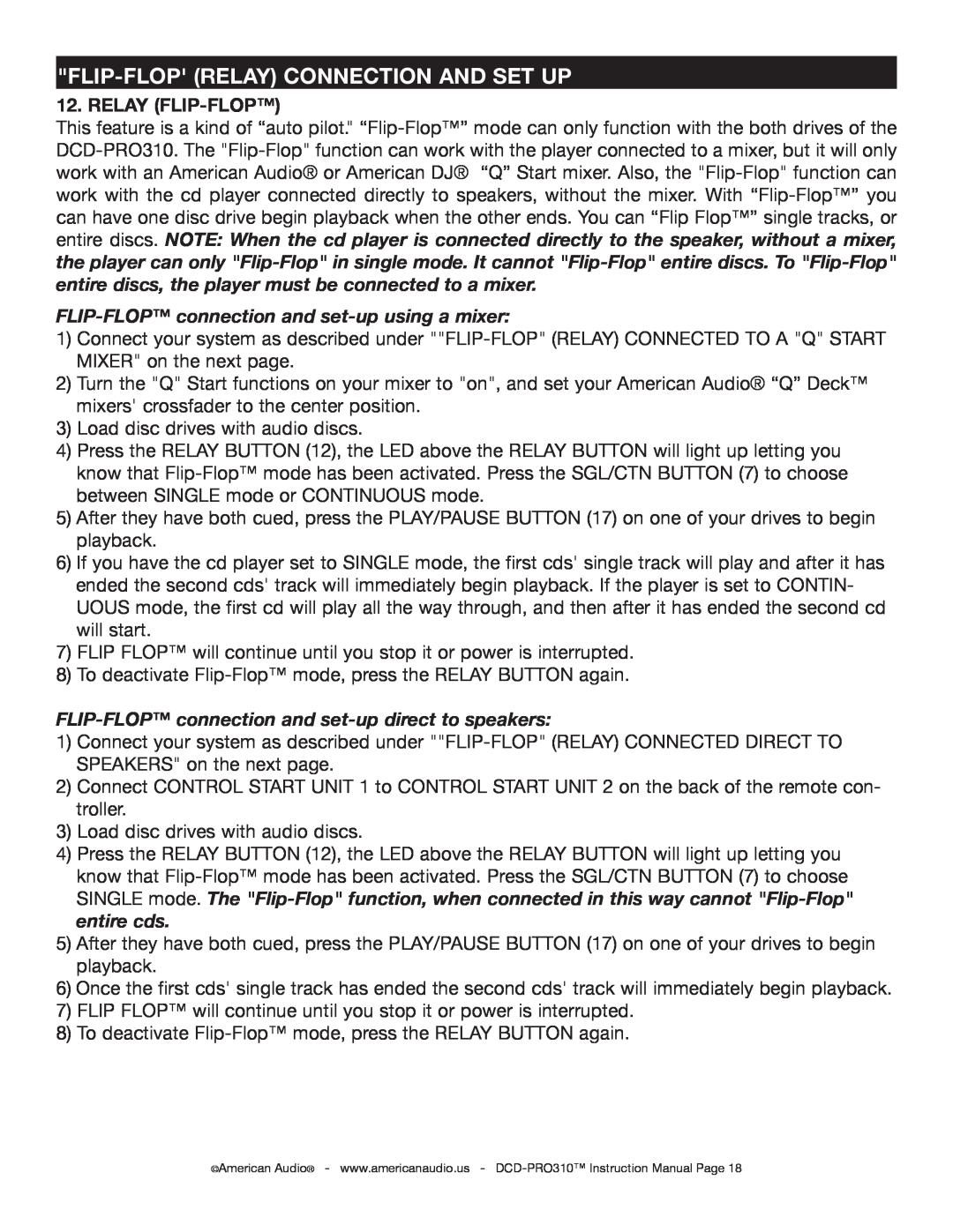 American Audio DCD-PRO310 operating instructions Flip-Floprelay Connection And Set Up, Relay Flip-Flop 