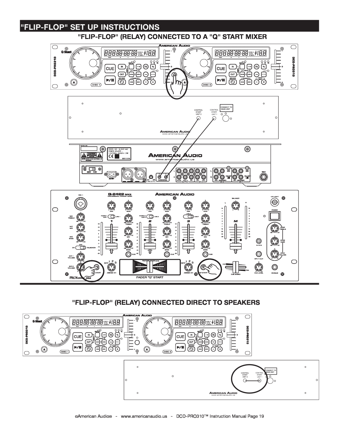 American Audio DCD-PRO310 Flip-Flopset Up Instructions, Flip-Floprelay Connected To A Q Start Mixer, MODEL NO Q-2422 MKII 