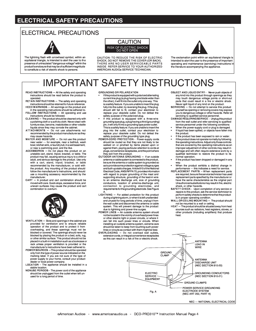 American Audio DCD-PRO310 Electrical Precautions, Important Safety Instructions, Electrical Safety Precautions 