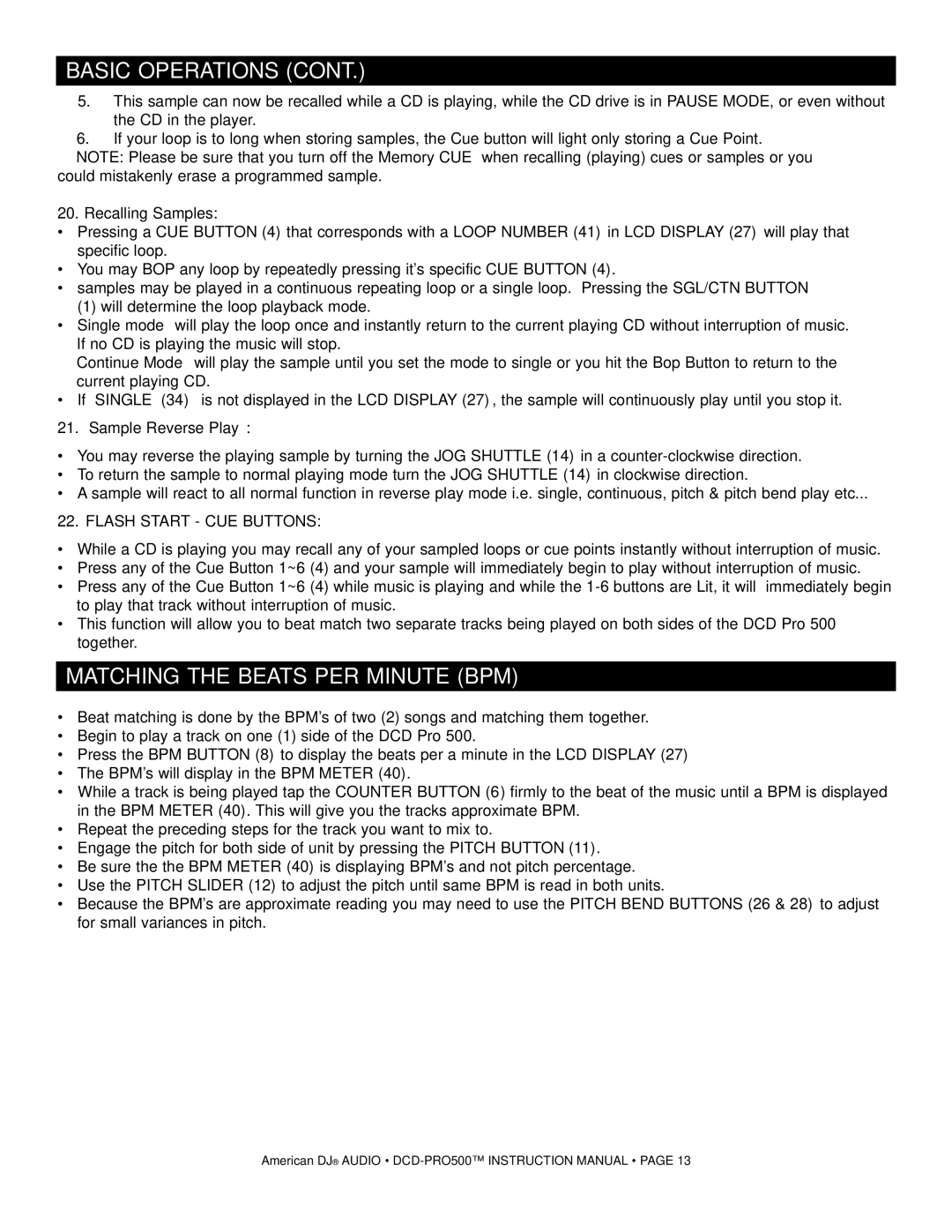 American Audio DCD-PRO500 manual Matching the Beats PER Minute BPM, Sample Reverse Play, Flash Start CUE Buttons 