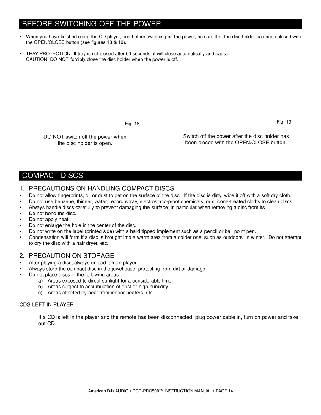 American Audio DCD-PRO500 Before Switching OFF the Power, Precautions on Handling Compact Discs, Precaution on Storage 