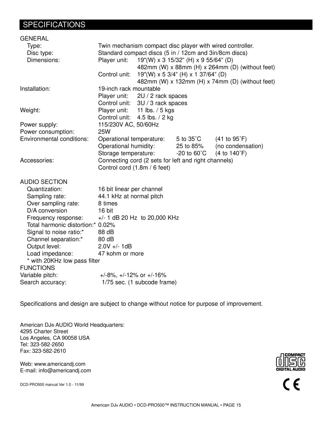 American Audio DCD-PRO500 manual Specifications, General 