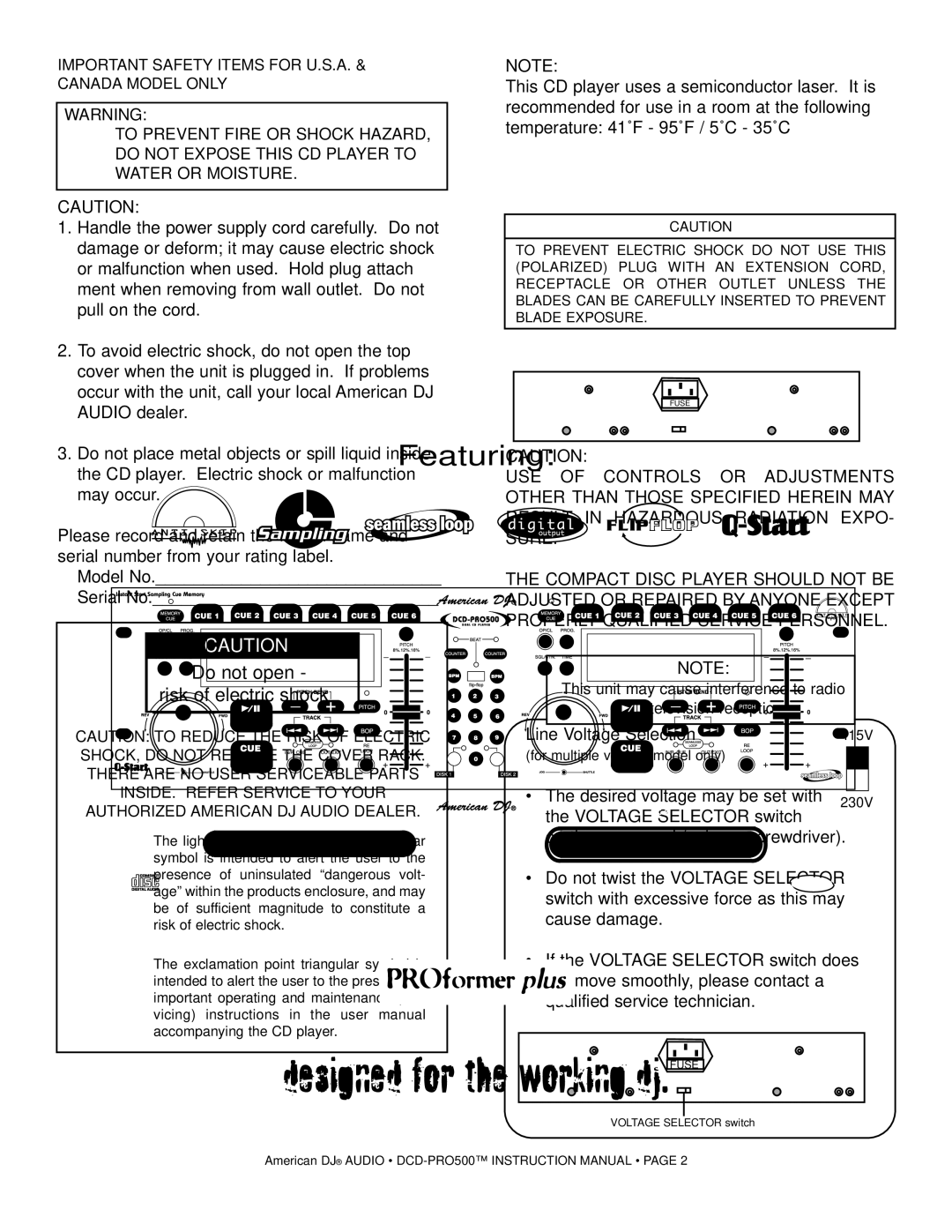 American Audio DCD-PRO500 manual Do not open Risk of electric shock, Important Safety Items for U.S.A. & Canada Model only 