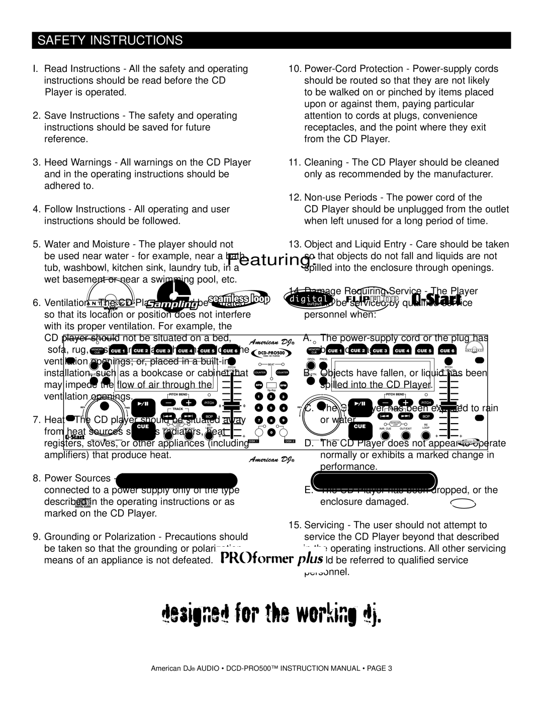 American Audio DCD-PRO500 manual Safety Instructions 