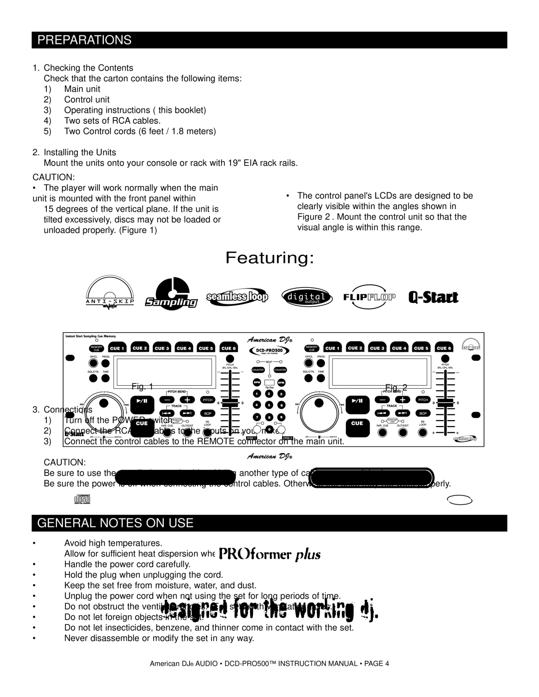 American Audio DCD-PRO500 Preparations, General Notes on USE, Checking the Contents, Installing the Units, Connections 