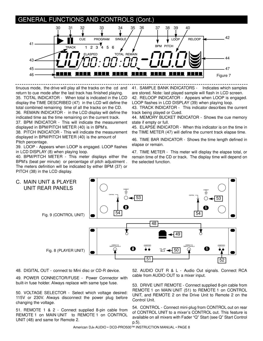 American Audio DCD-PRO500 manual Main Unit & Player Unit Rear Panels, Control Unit 