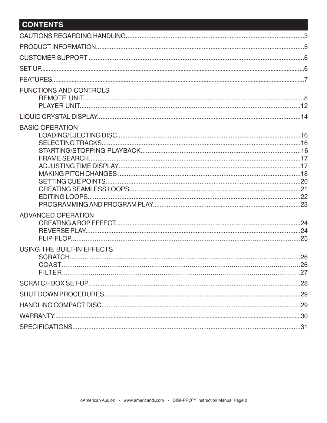 American Audio DIGI-PRO operating instructions Contents 