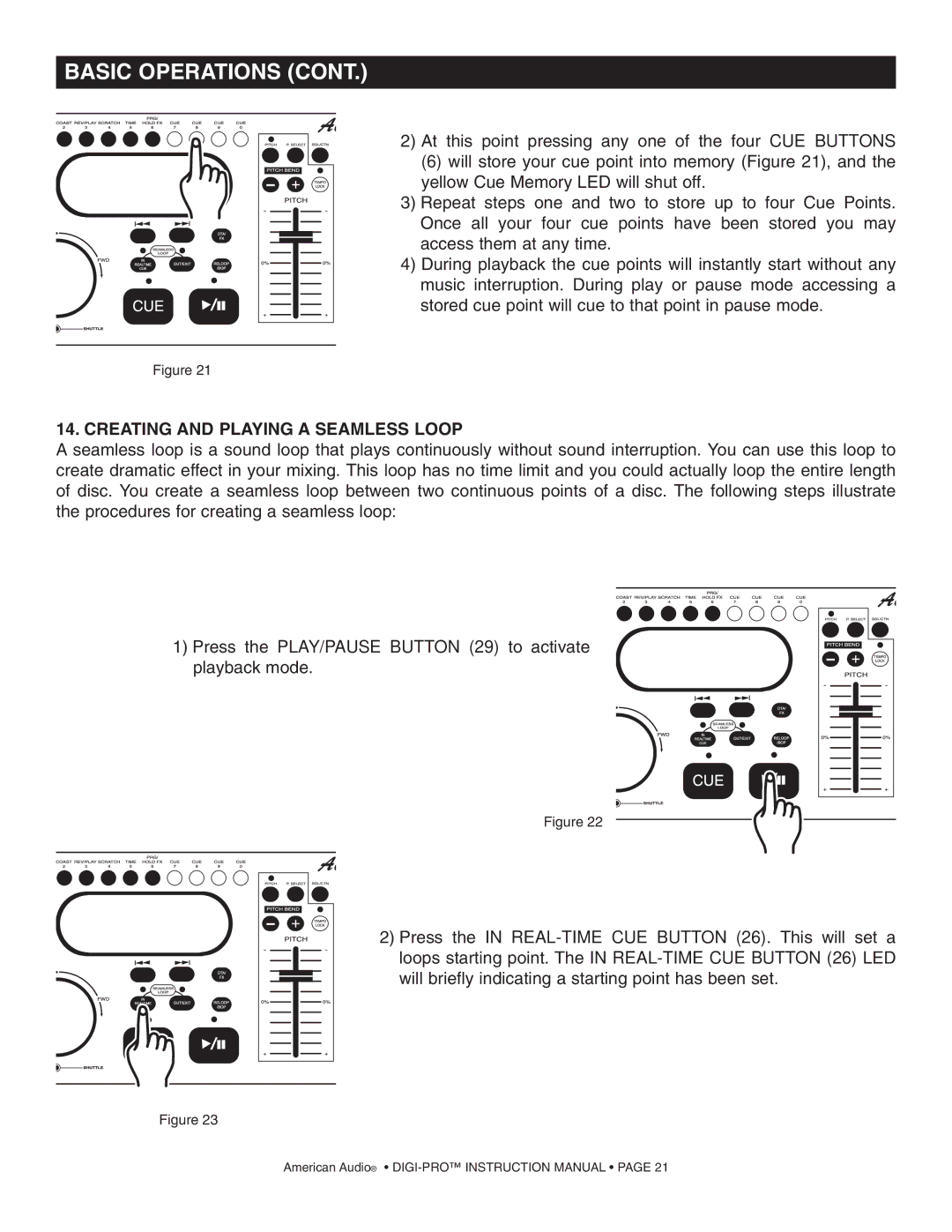 American Audio DIGI-PRO operating instructions Creating and Playing a Seamless Loop 