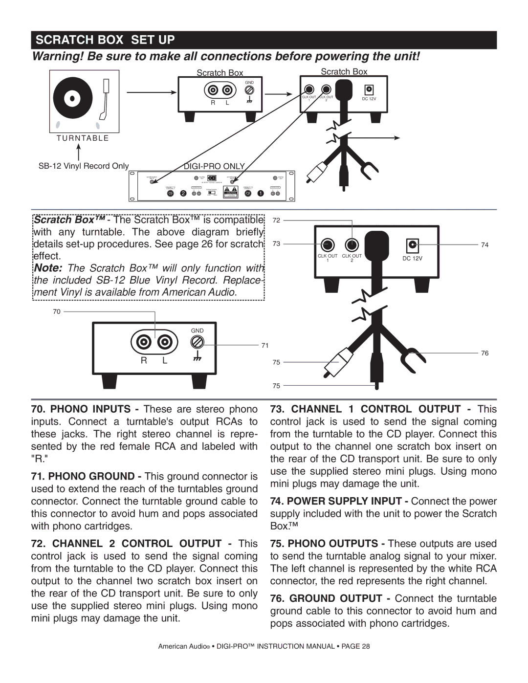 American Audio DIGI-PRO operating instructions Scratch BOX SET UP, SB-12 Vinyl Record Only 