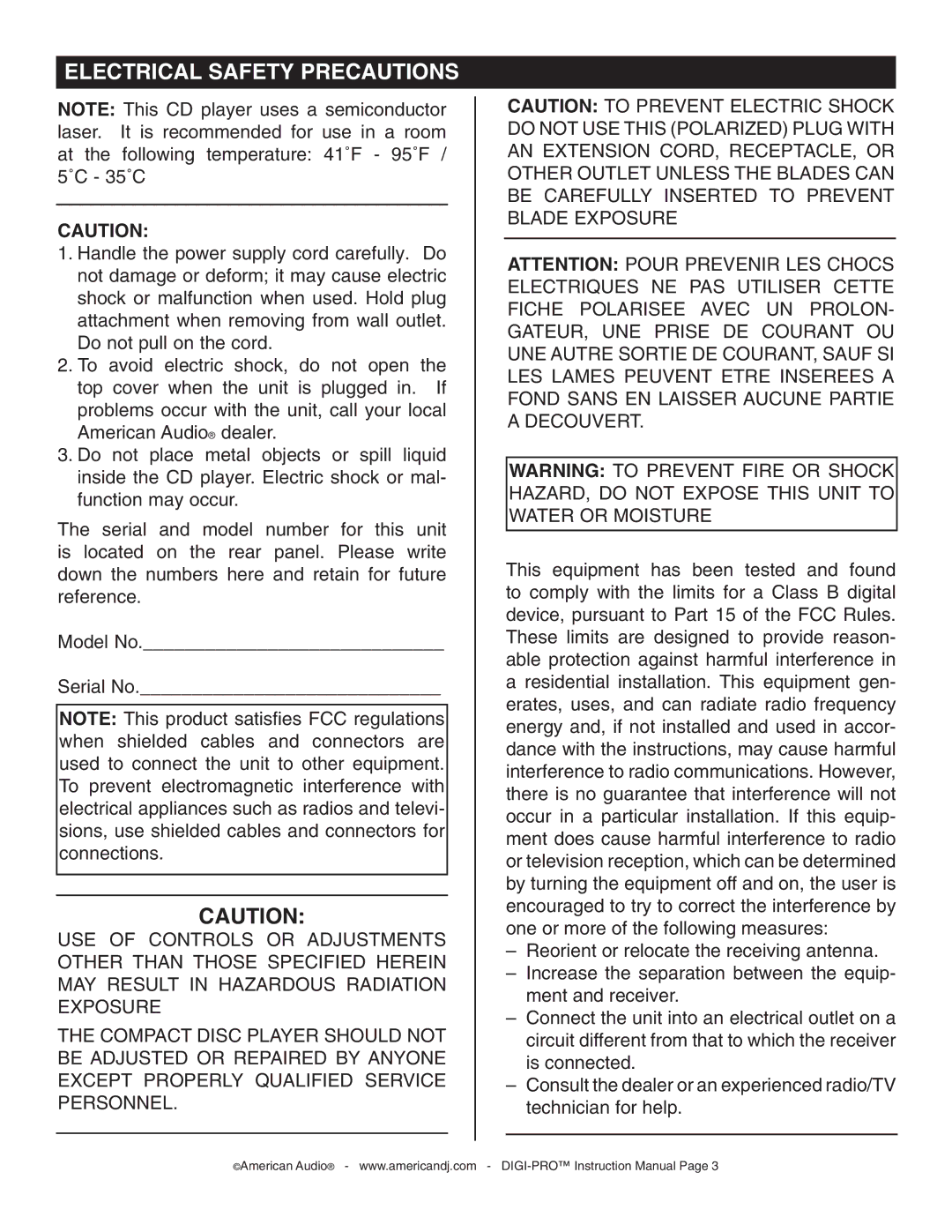 American Audio DIGI-PRO operating instructions Electrical Safety Precautions 