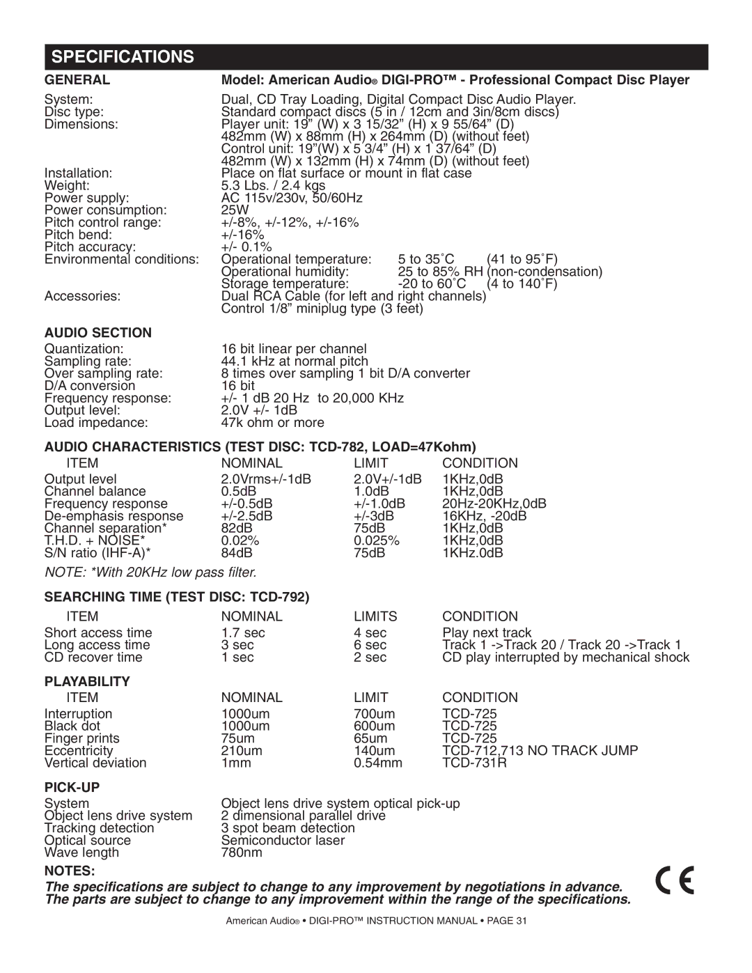 American Audio DIGI-PRO operating instructions Specifications 