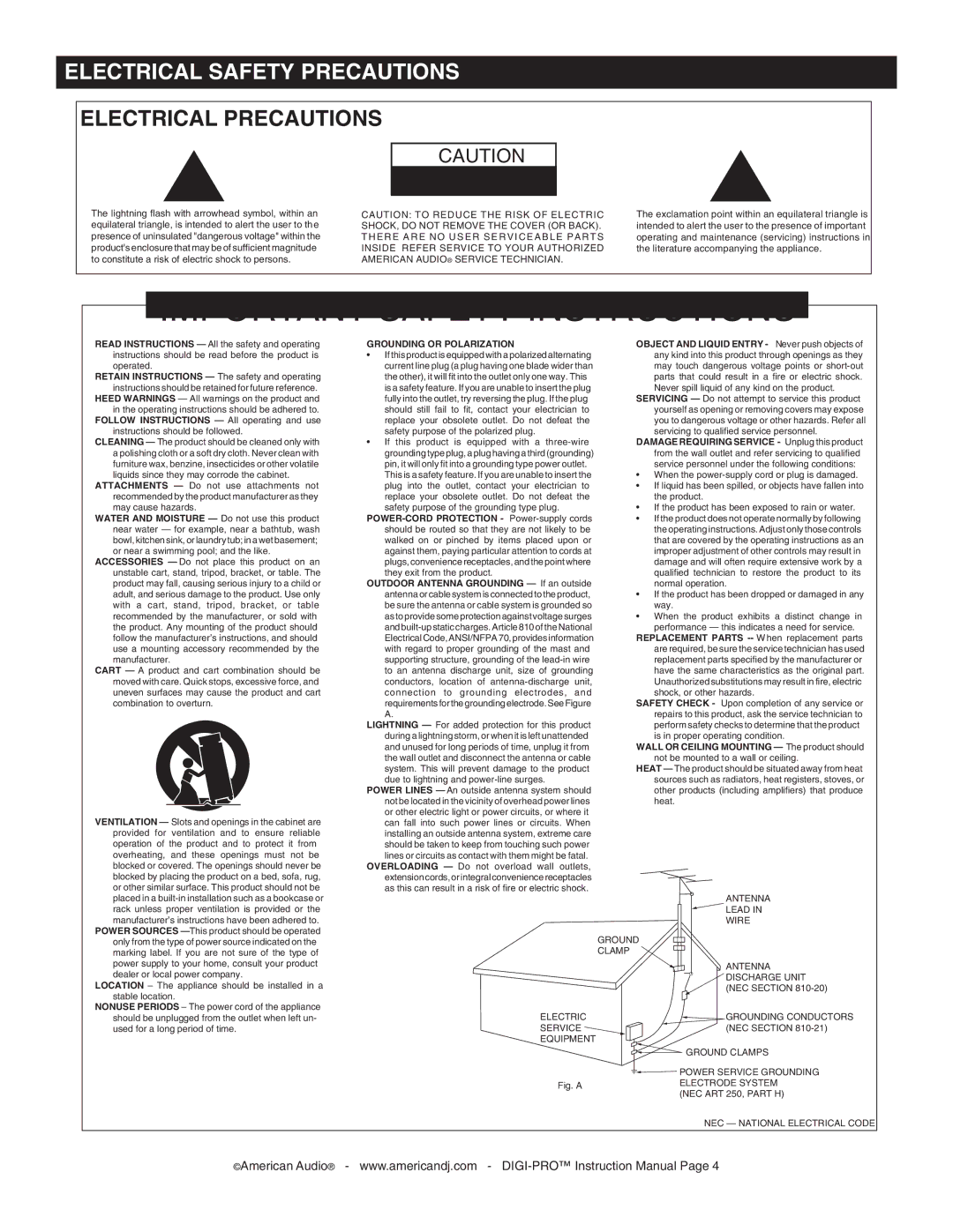 American Audio DIGI-PRO operating instructions Important Safety Instructions 